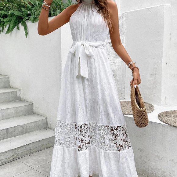 White Boho Womens Contrast Guipure Lace Layered Hem Belted Halter Dress - Picture 4 of 5